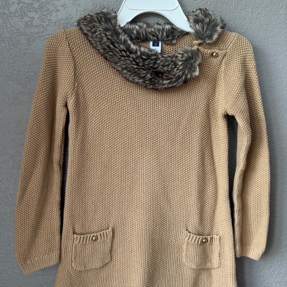 Janie and Jack Tan Knit Dress with Faux Fur Collar